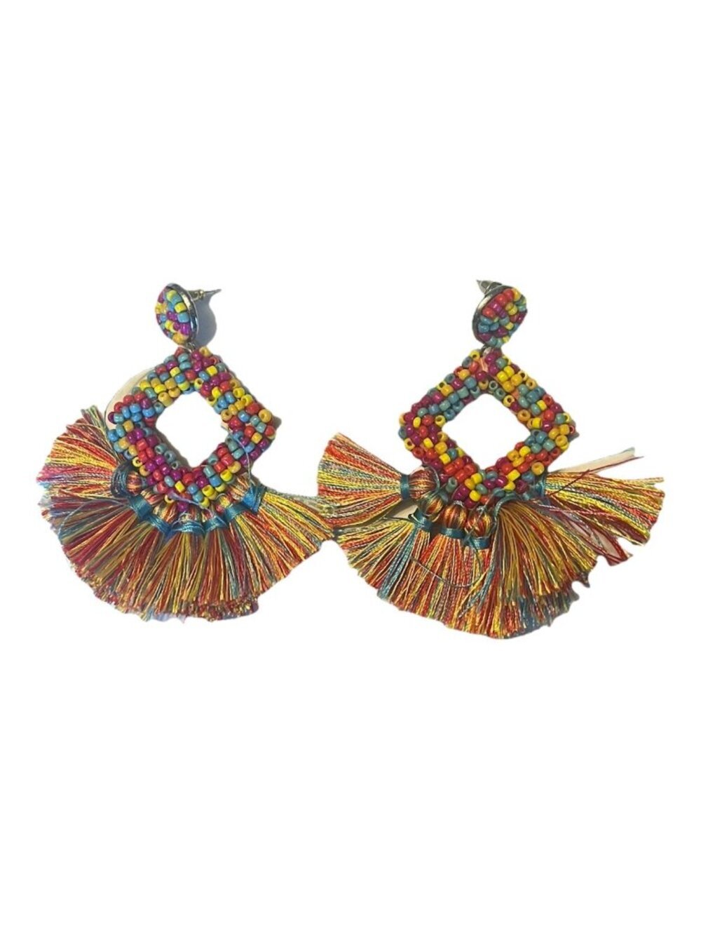 Multicolor Seed Bead Tassel Earrings Large Boho Statement Festival Dangle Fringe